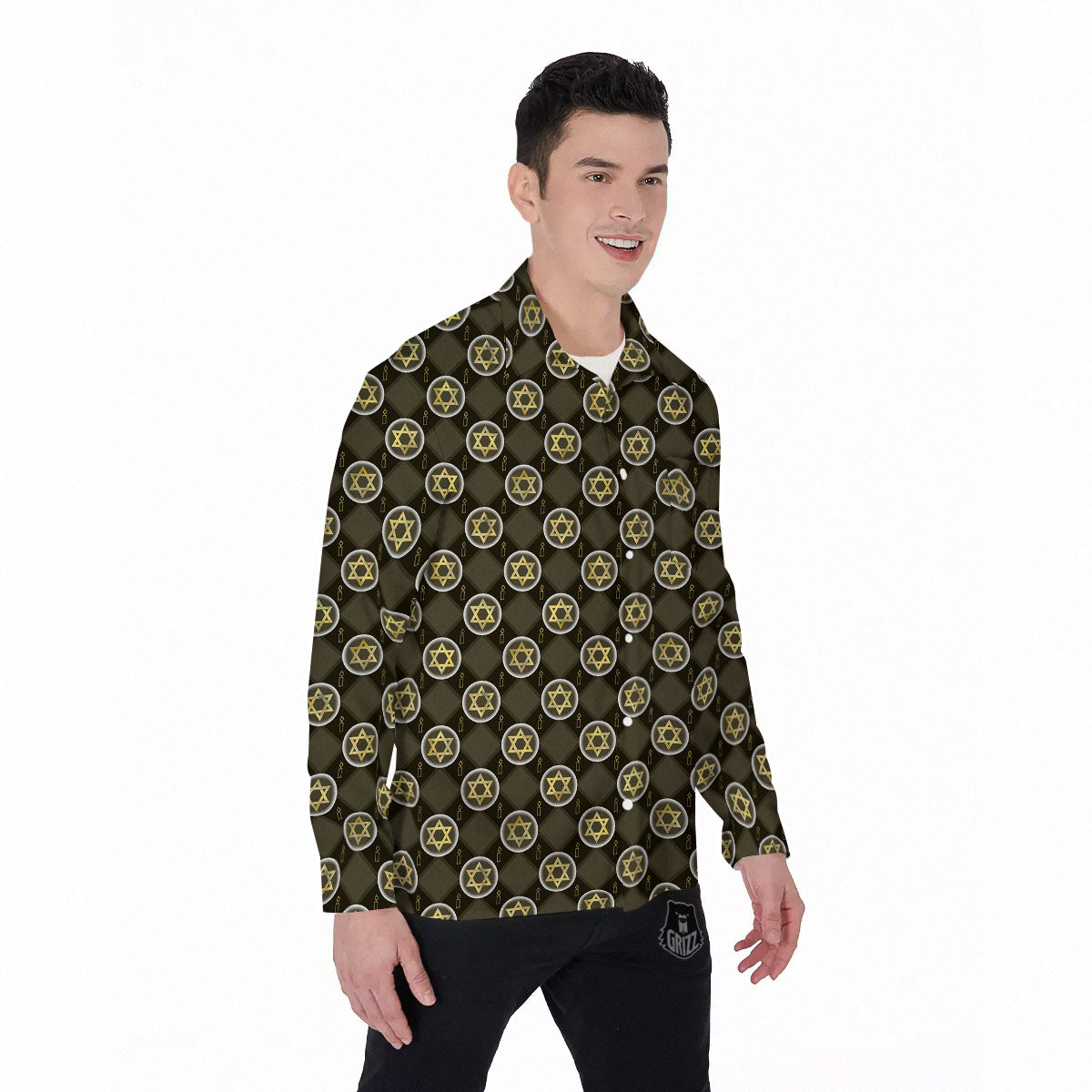 Star Of David Flaming Print Men's Long Sleeve Shirts-grizzshop