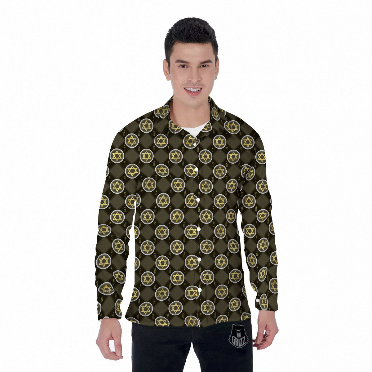 Star Of David Flaming Print Men's Long Sleeve Shirts-grizzshop