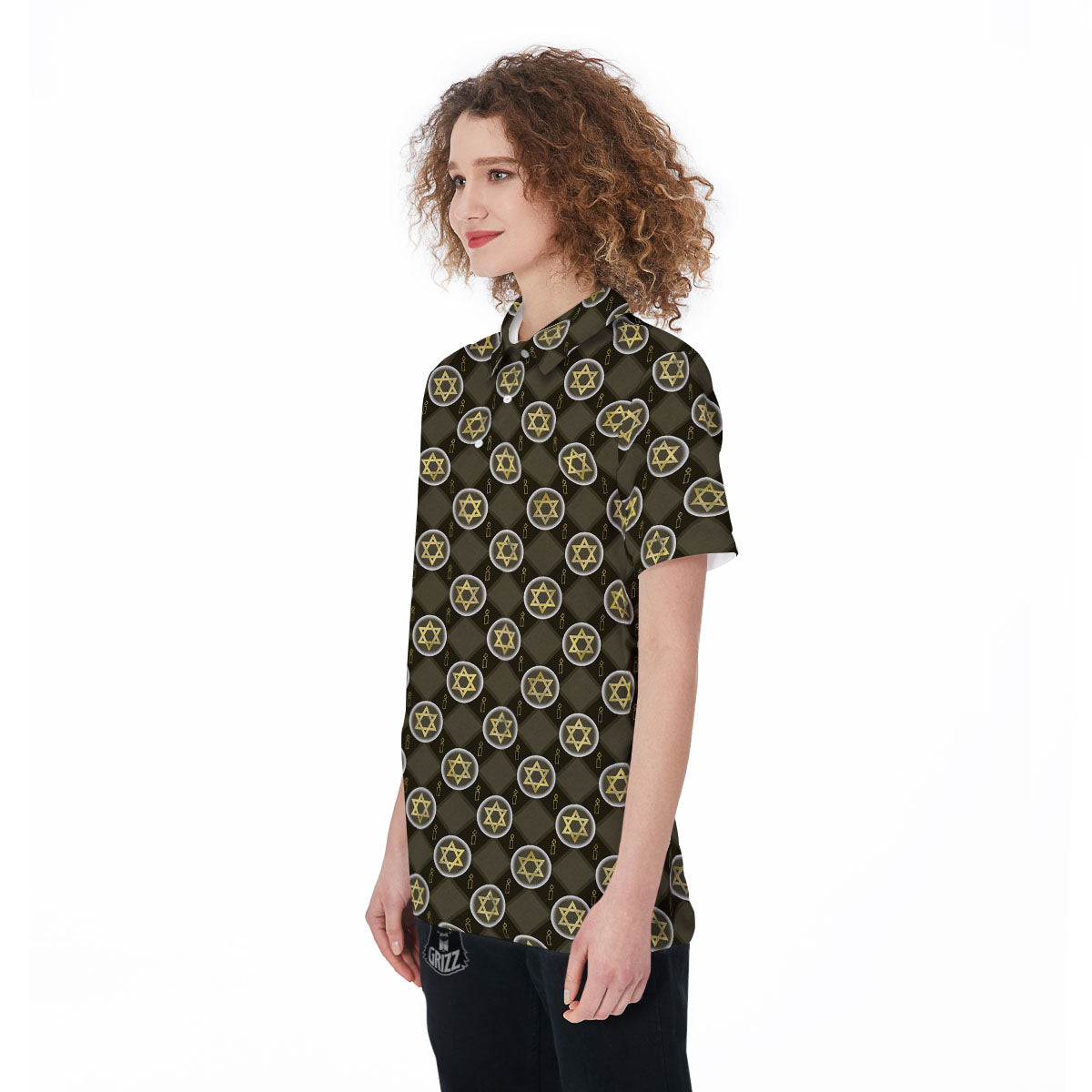 Star Of David Flaming Print Women's Golf Shirts-grizzshop