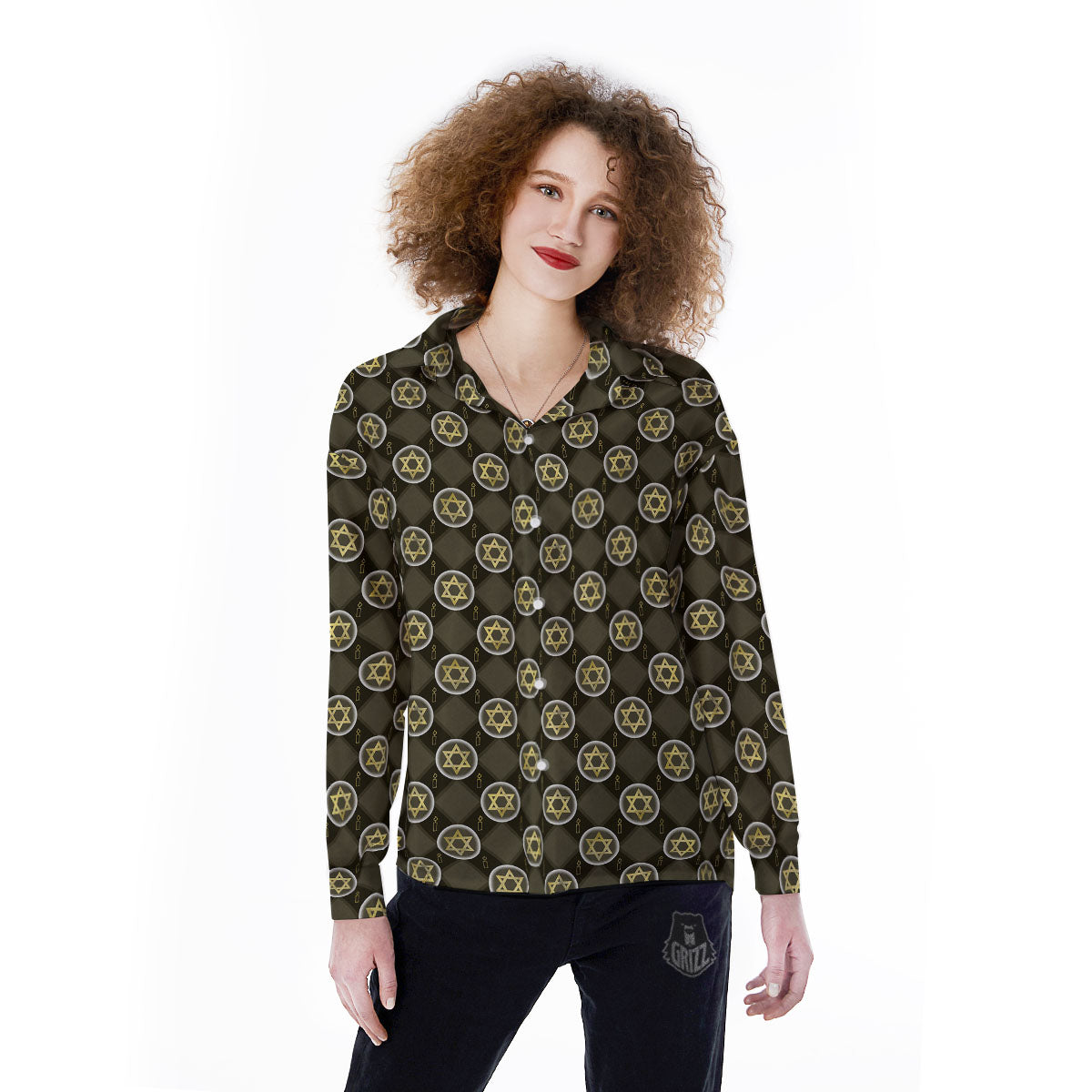 Star Of David Flaming Print Women's Long Sleeve Shirts-grizzshop