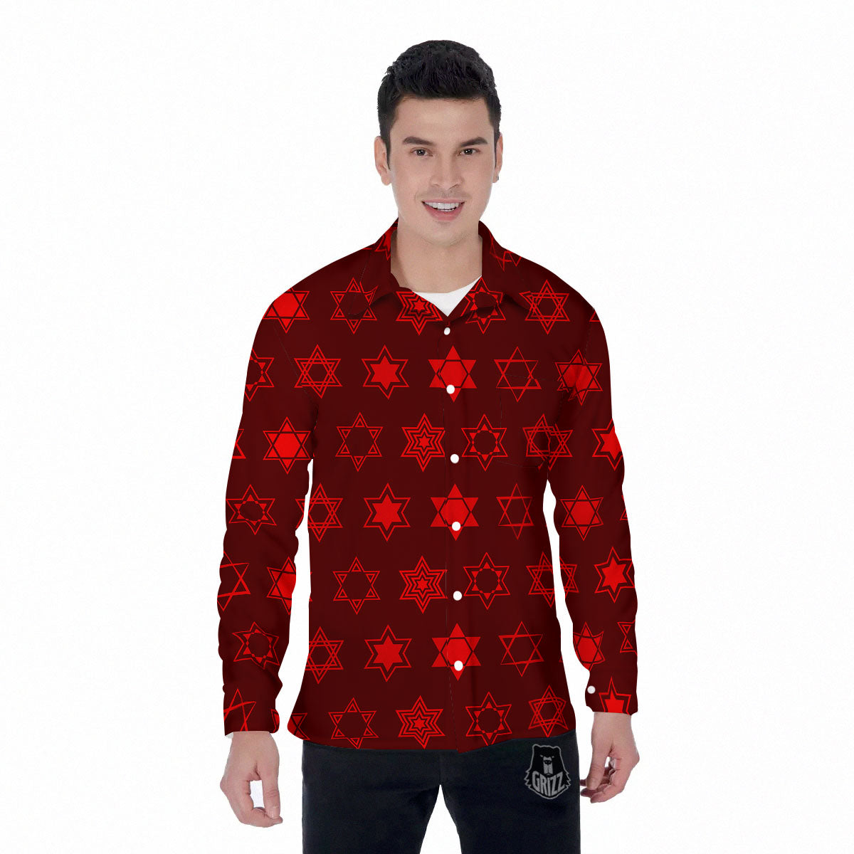 Star Of David Geometric Print Men's Long Sleeve Shirts-grizzshop