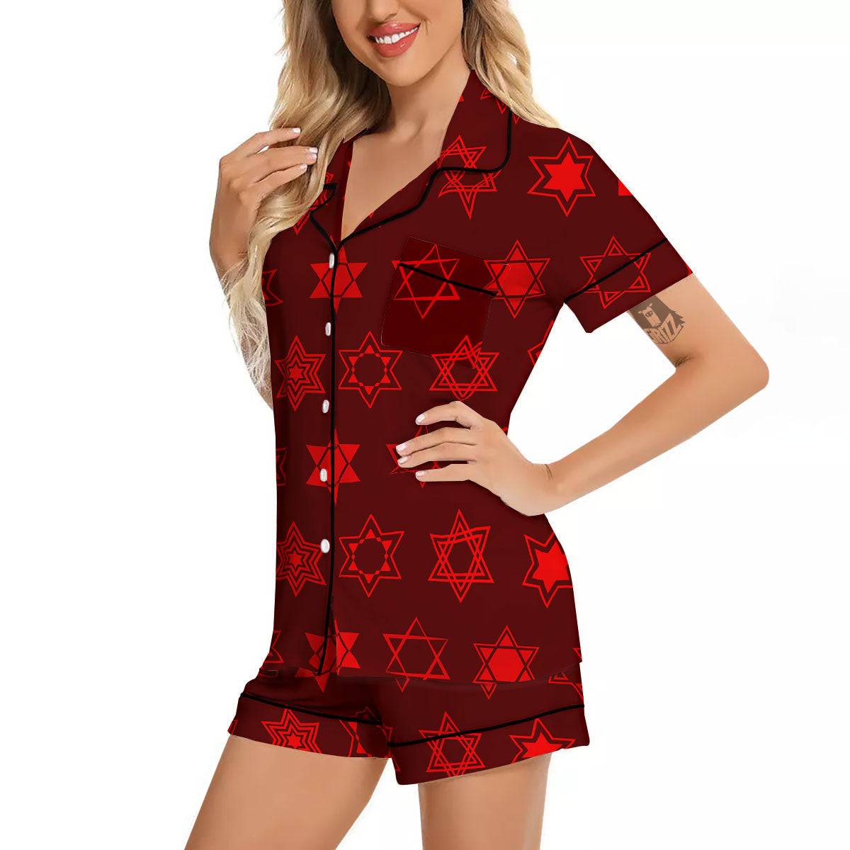 Star Of David Geometric Print Women Silk Pajamas-grizzshop