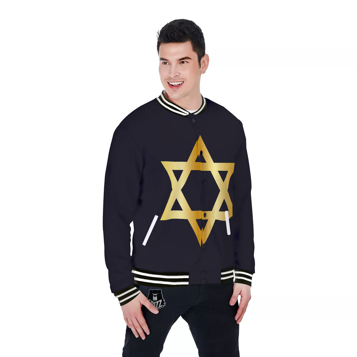Star Of David Golden Print Baseball Jacket-grizzshop