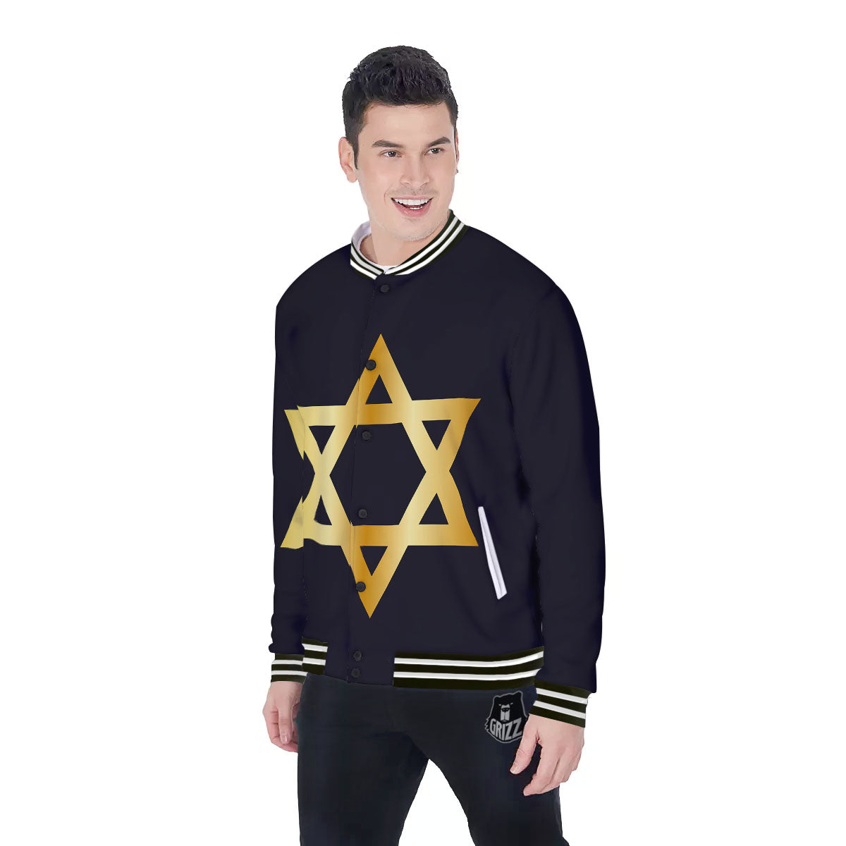 Star Of David Golden Print Baseball Jacket-grizzshop