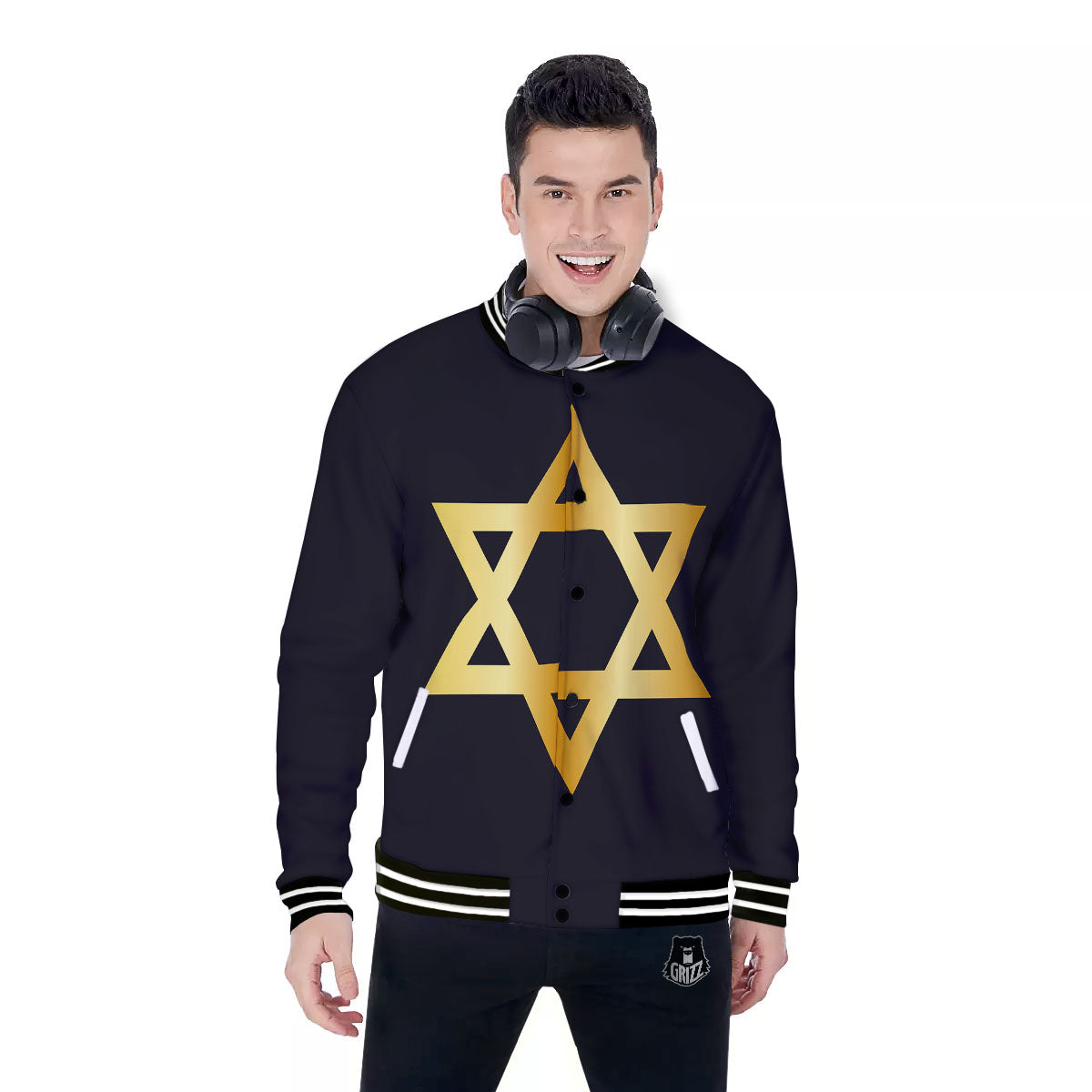 Star Of David Golden Print Baseball Jacket-grizzshop