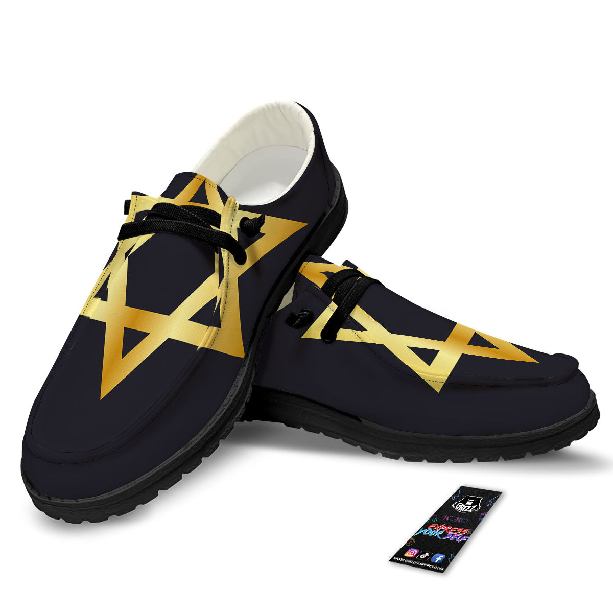 Star Of David Golden Print Black Loafers-grizzshop