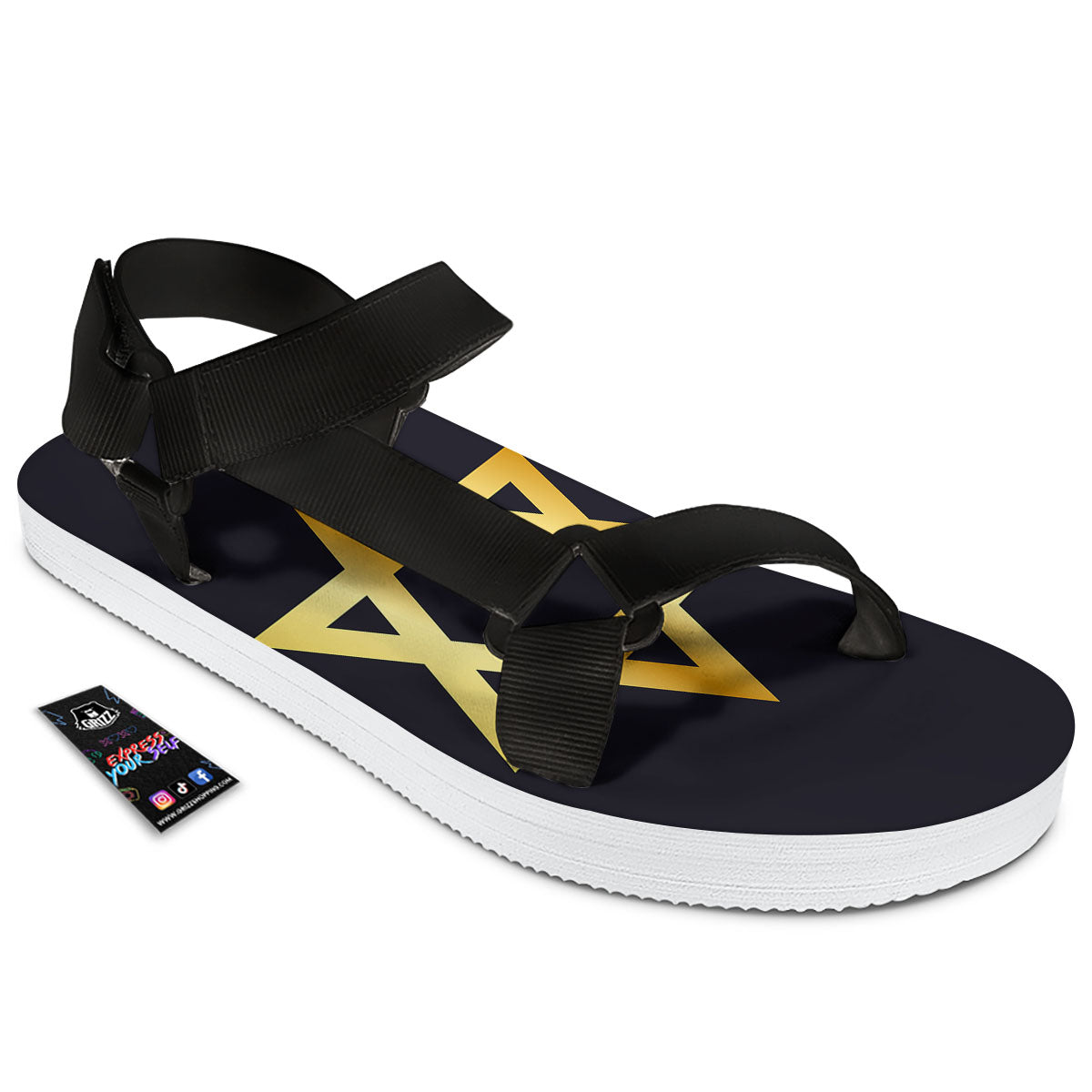 Star Of David Golden Print Black Open Toe Sandals-grizzshop