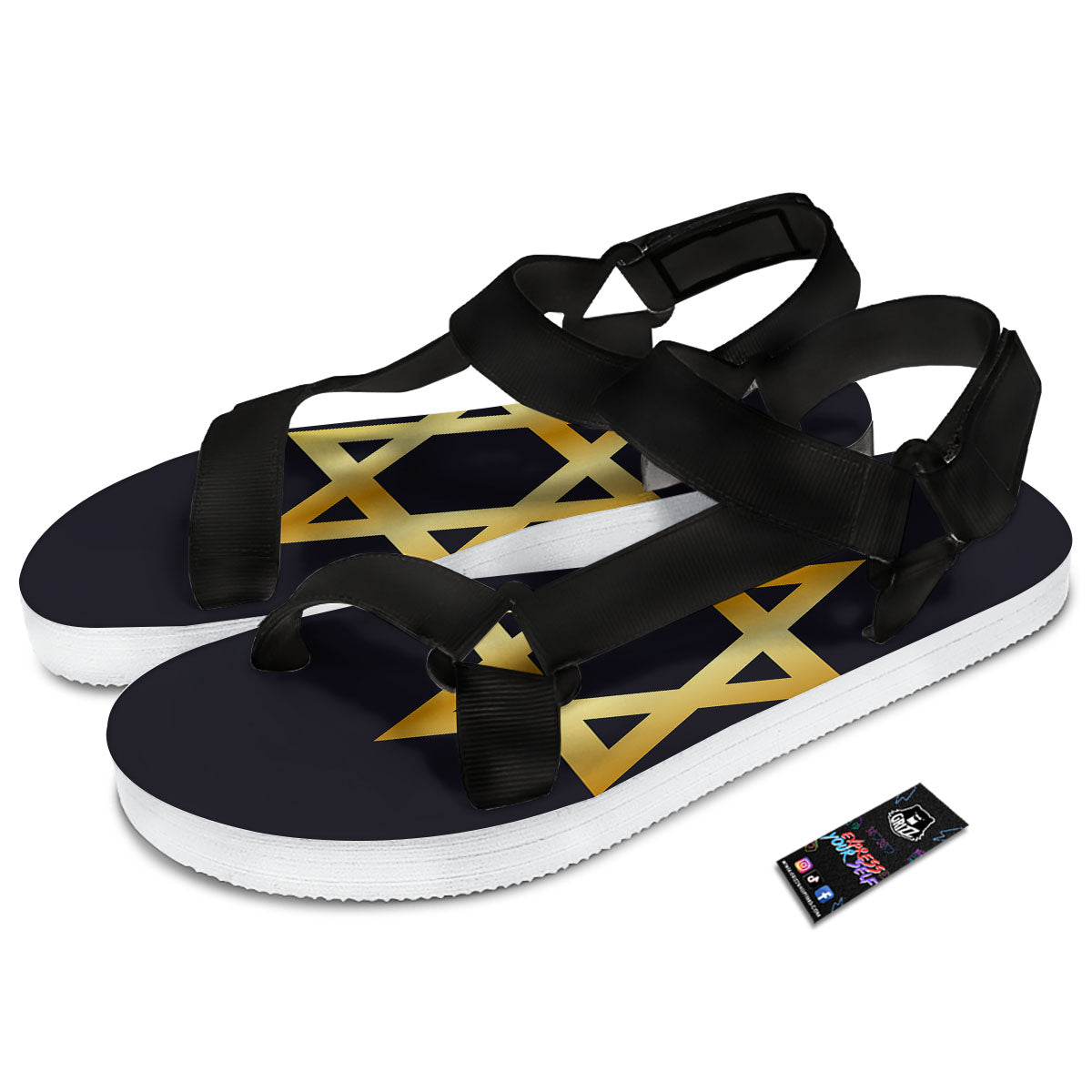 Star Of David Golden Print Black Open Toe Sandals-grizzshop