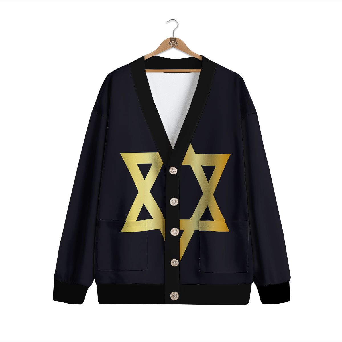 Star Of David Golden Print Cardigan-grizzshop