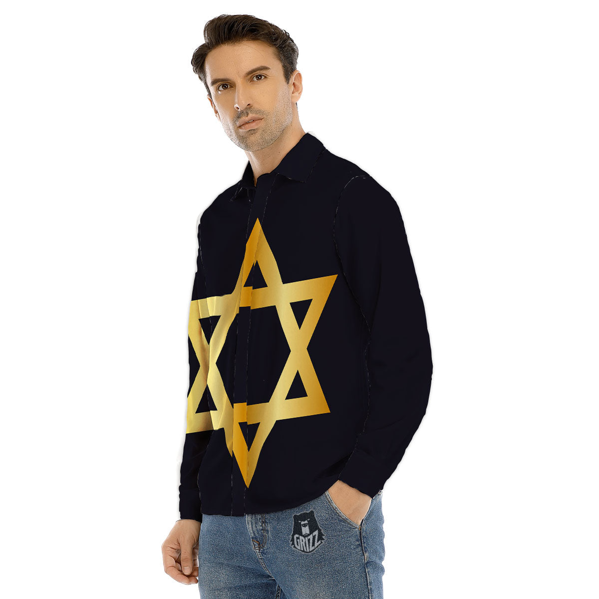 Star Of David Golden Print Men's Dress Shirts-grizzshop