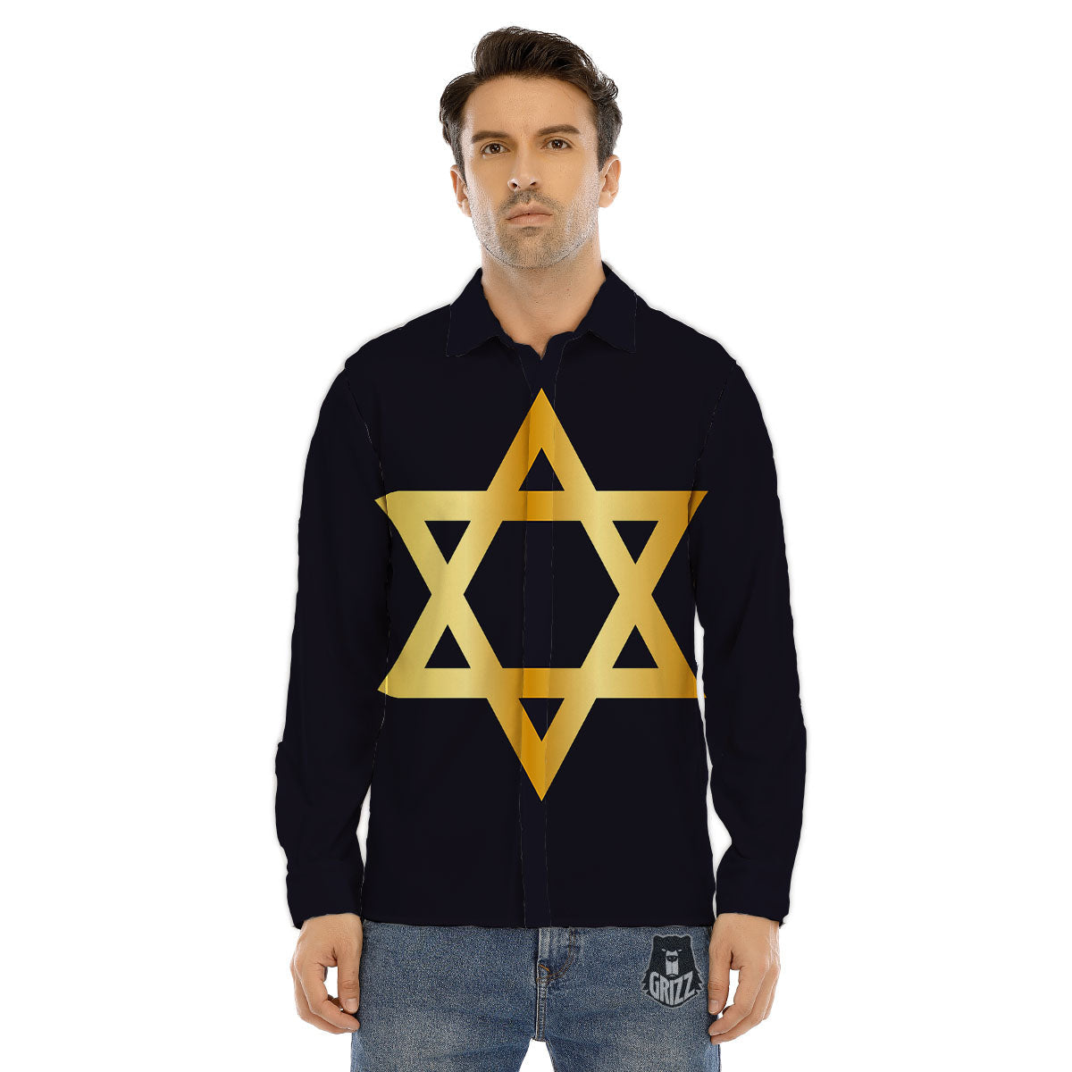 Star Of David Golden Print Men's Dress Shirts-grizzshop