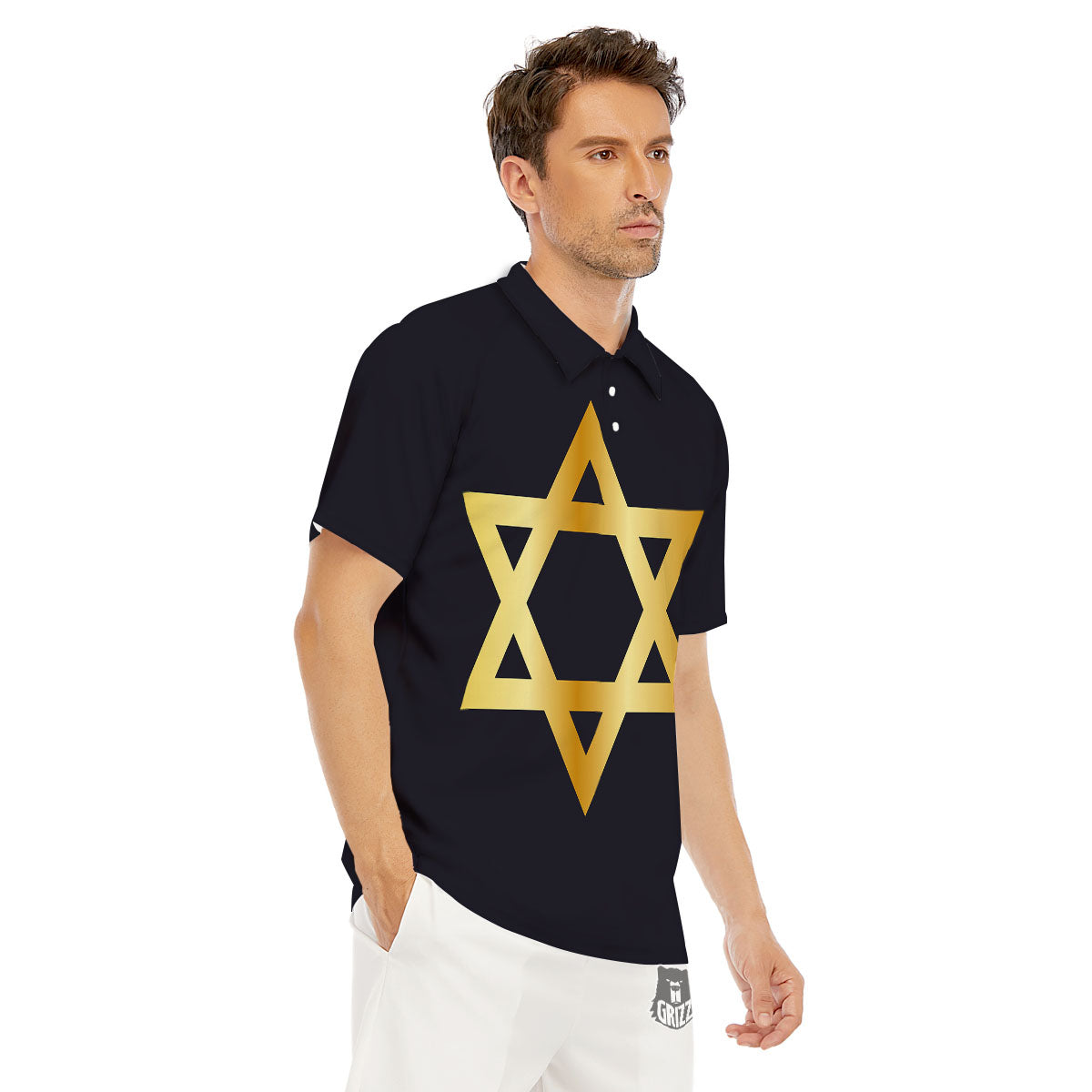 Star Of David Golden Print Men's Golf Shirts-grizzshop