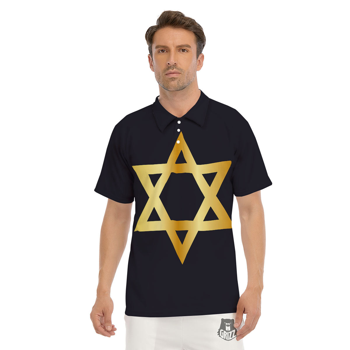 Star Of David Golden Print Men's Golf Shirts-grizzshop