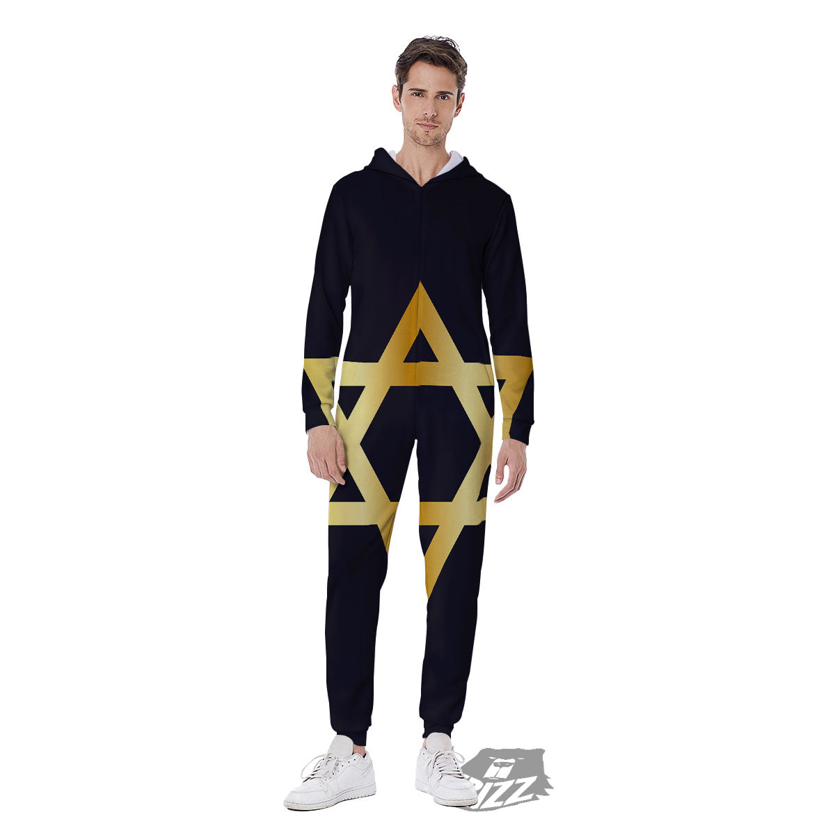 Star Of David Golden Print Men's Jumpsuit-grizzshop