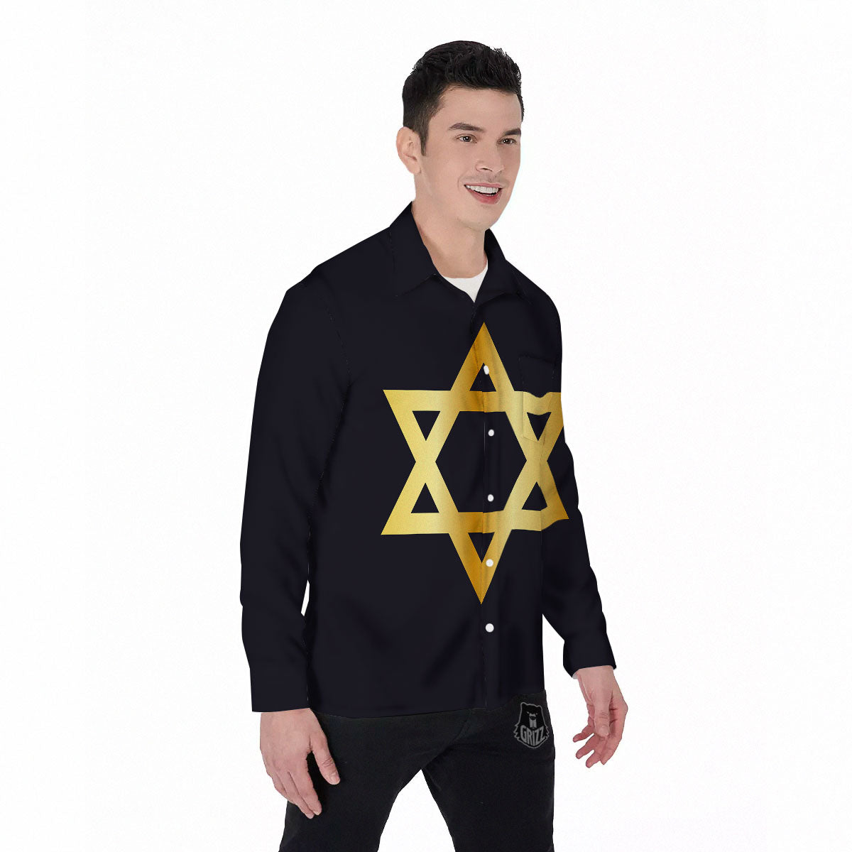 Star Of David Golden Print Men's Long Sleeve Shirts-grizzshop