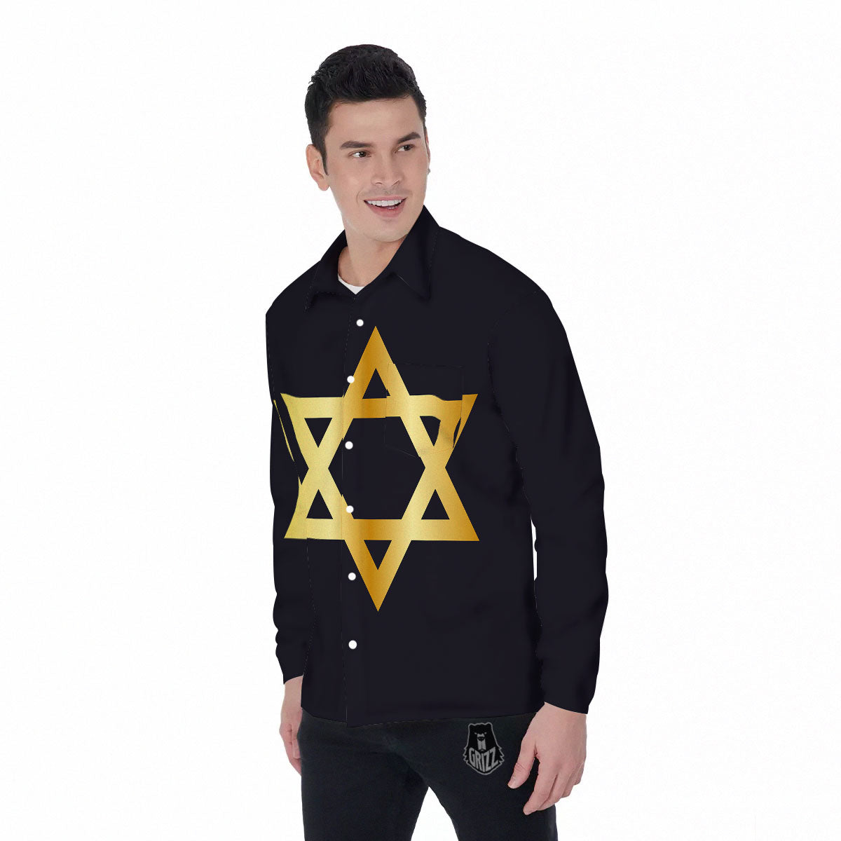 Star Of David Golden Print Men's Long Sleeve Shirts-grizzshop