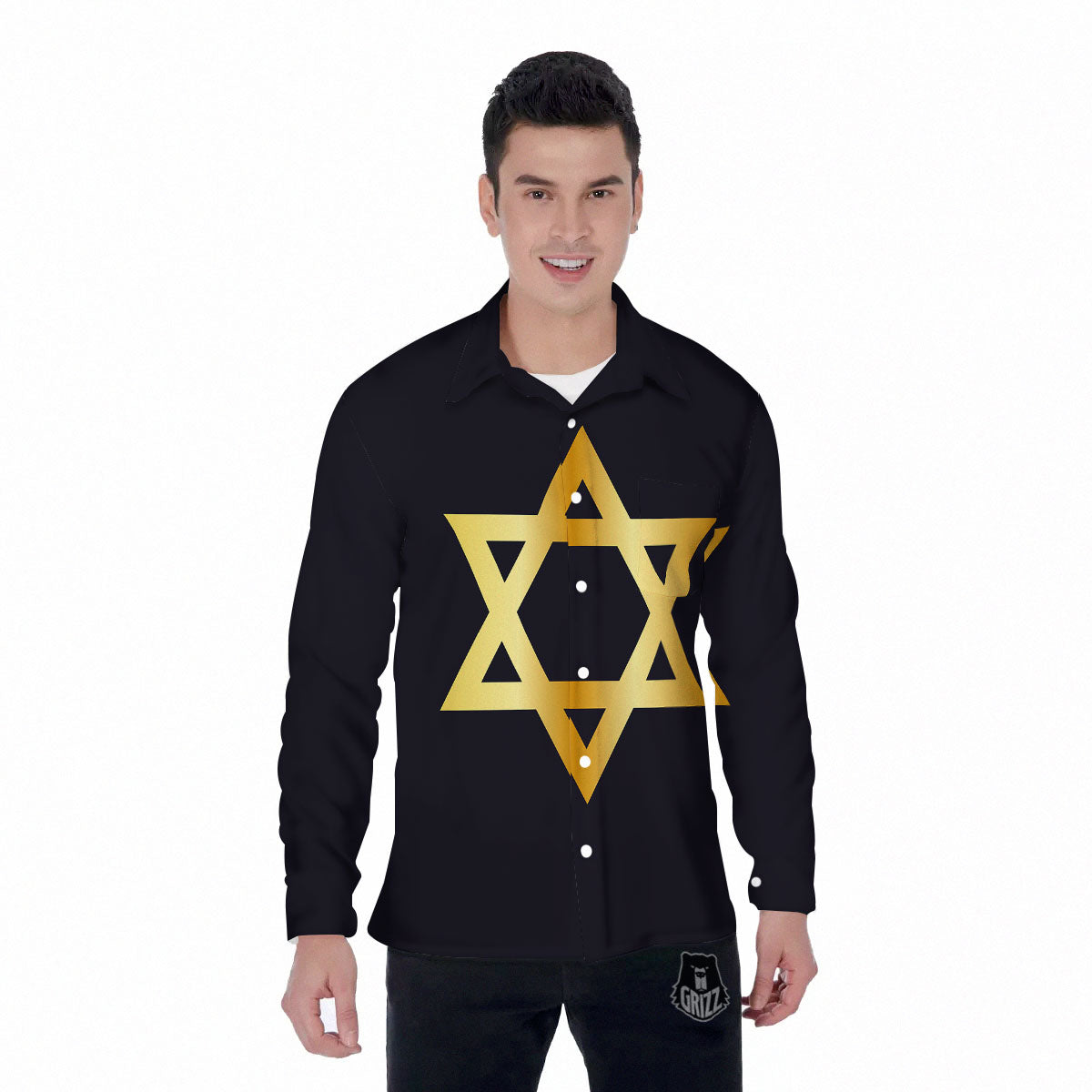 Star Of David Golden Print Men's Long Sleeve Shirts-grizzshop
