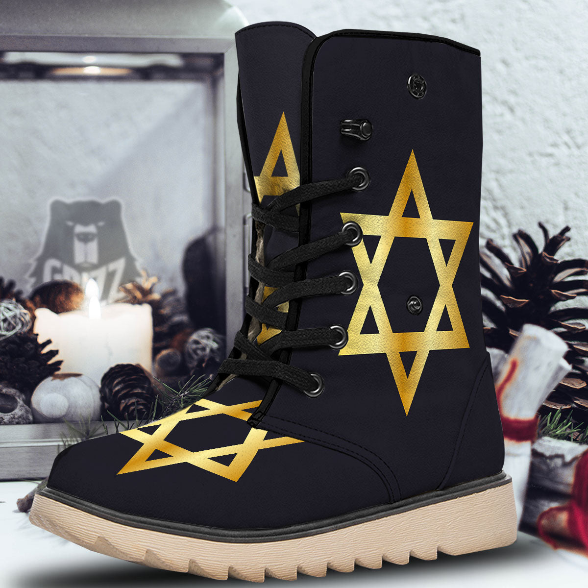 Star Of David Golden Print Snow Boots-grizzshop