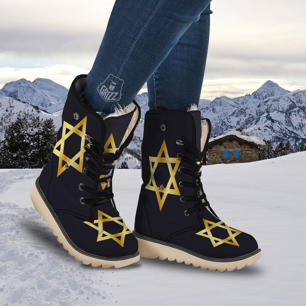 Star Of David Golden Print Snow Boots-grizzshop