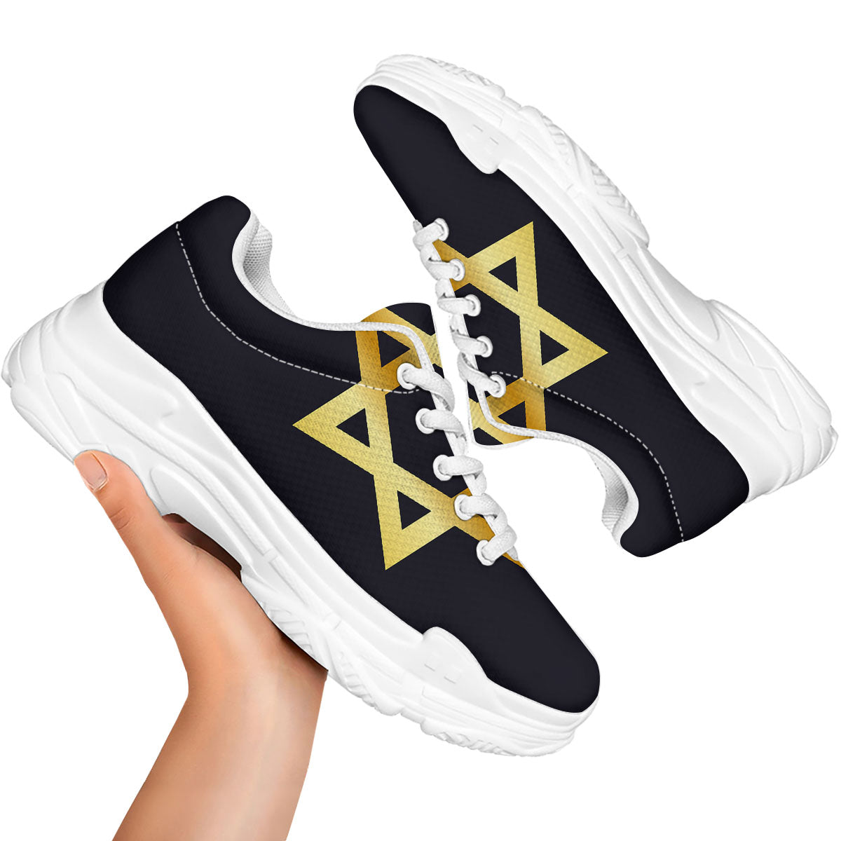 Star Of David Golden Print White Chunky Shoes-grizzshop
