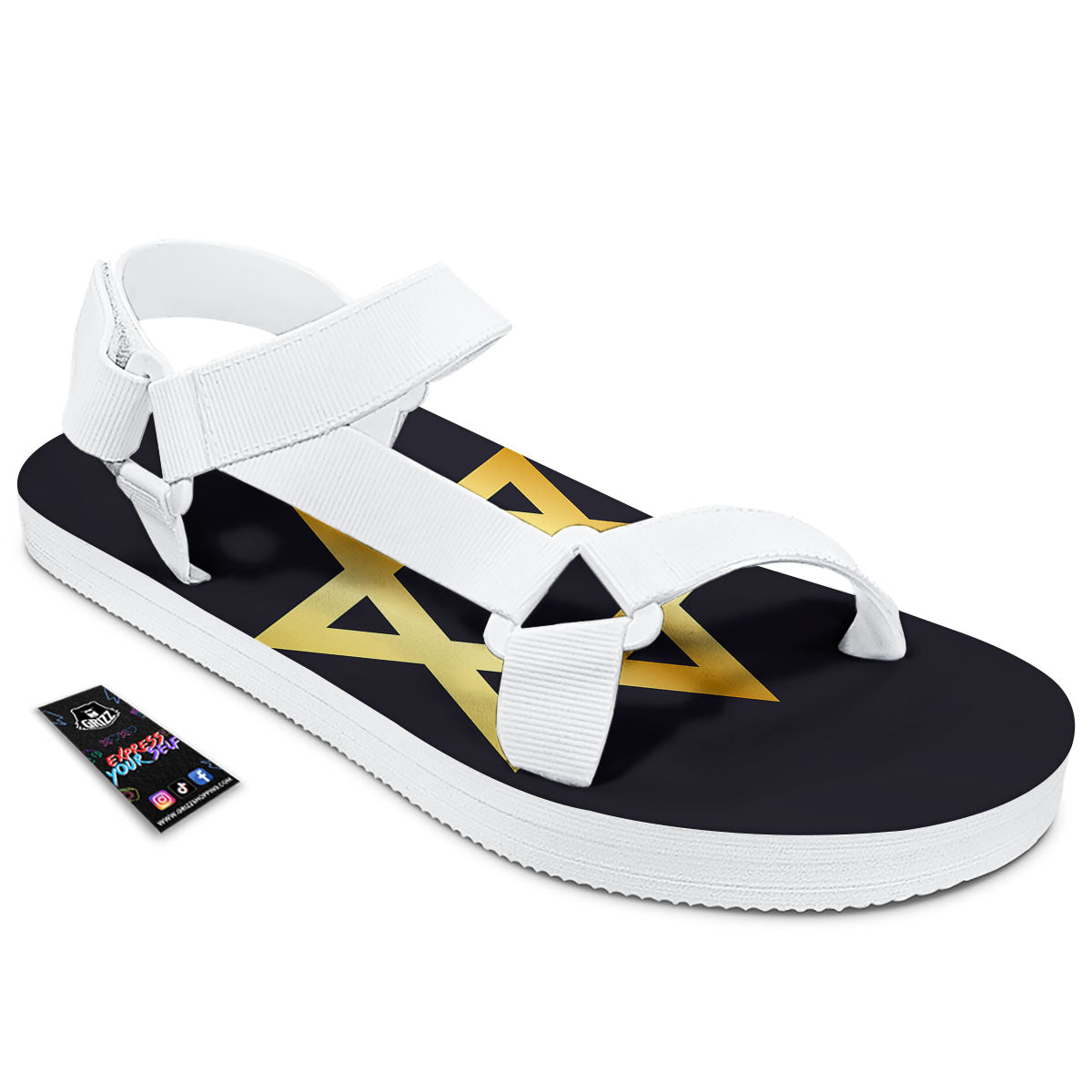 Star Of David Golden Print White Open Toe Sandals-grizzshop