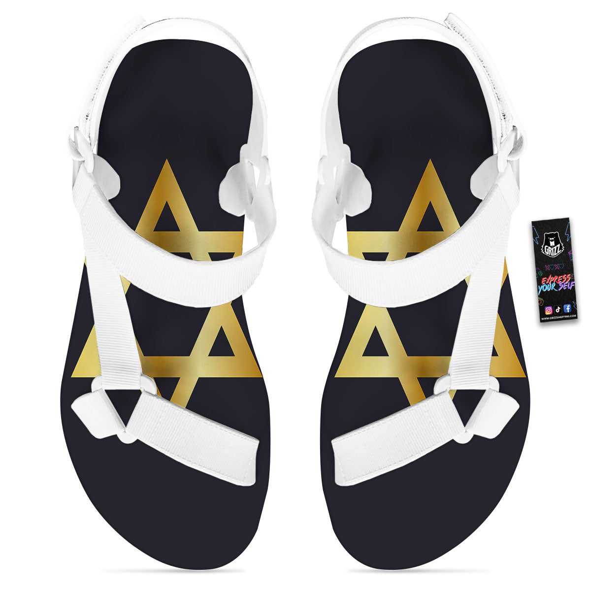 Star Of David Golden Print White Open Toe Sandals-grizzshop