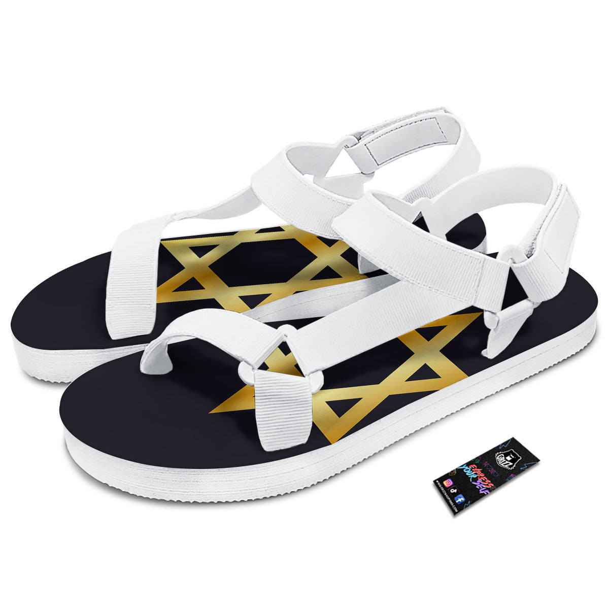 Star Of David Golden Print White Open Toe Sandals-grizzshop