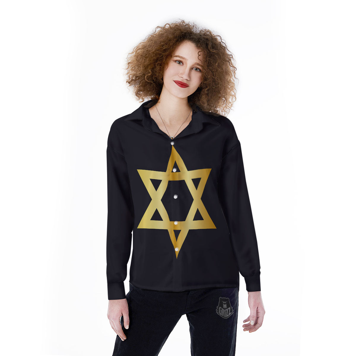 Star Of David Golden Print Women's Long Sleeve Shirts-grizzshop