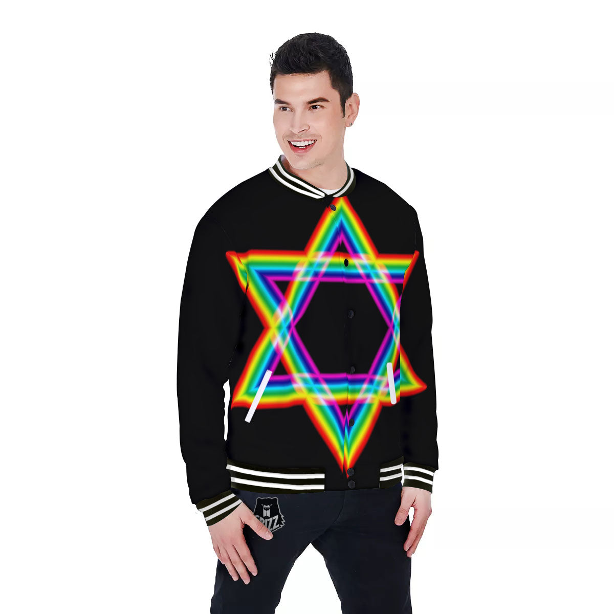 Star Of David Rainbow Print Baseball Jacket-grizzshop