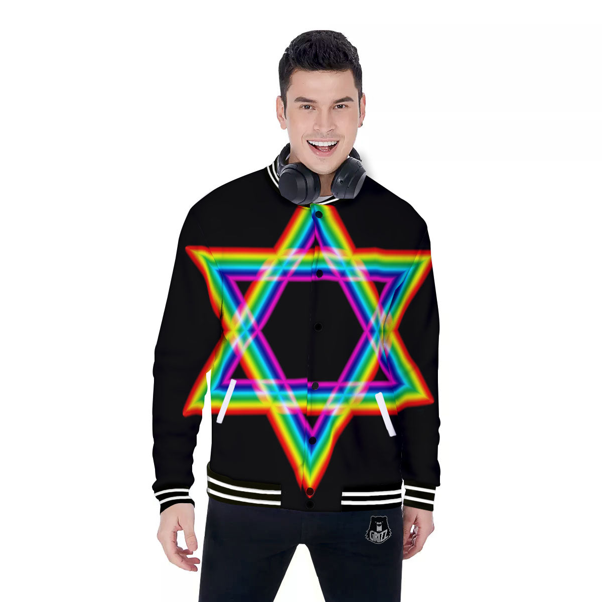 Star Of David Rainbow Print Baseball Jacket-grizzshop
