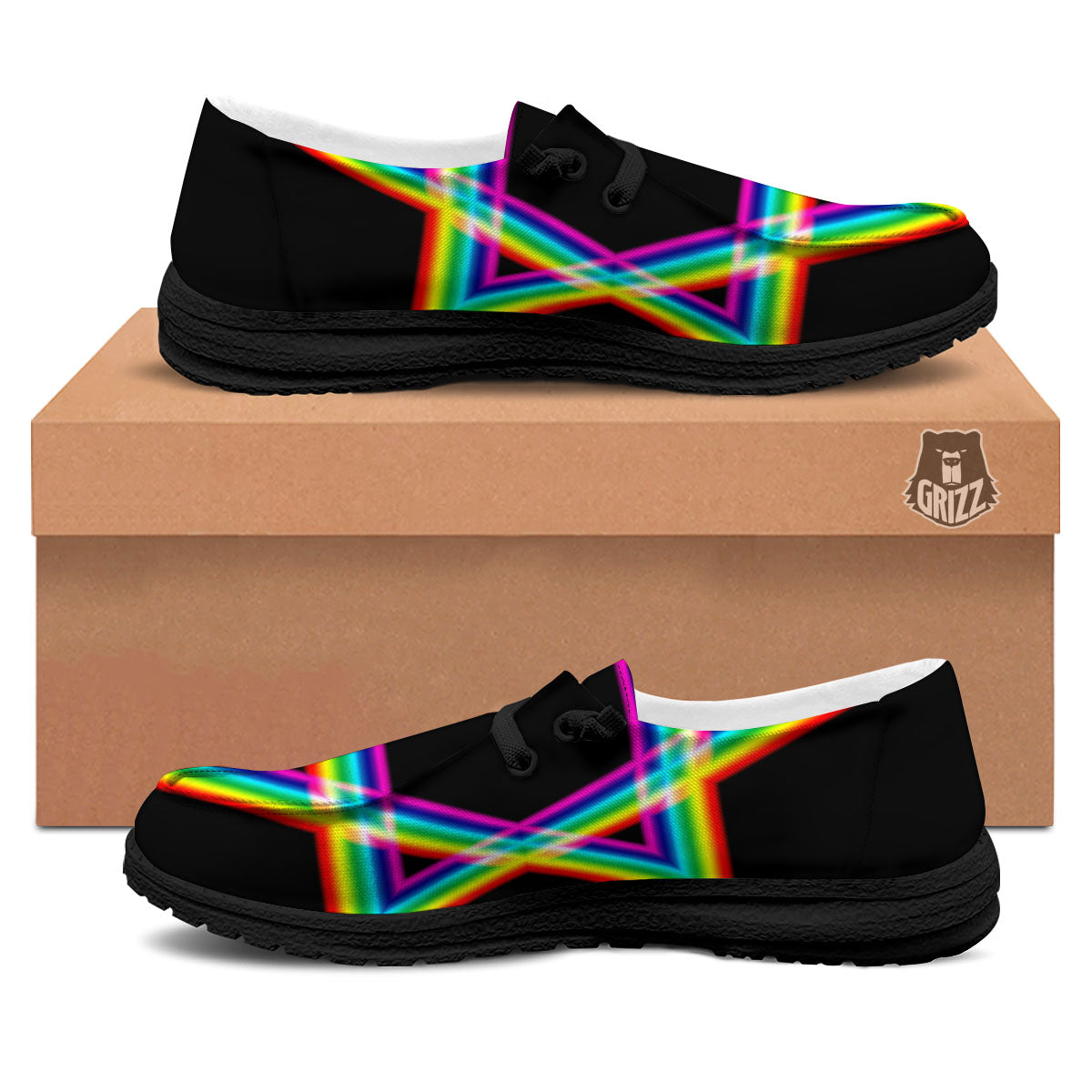 Star Of David Rainbow Print Black Loafers-grizzshop