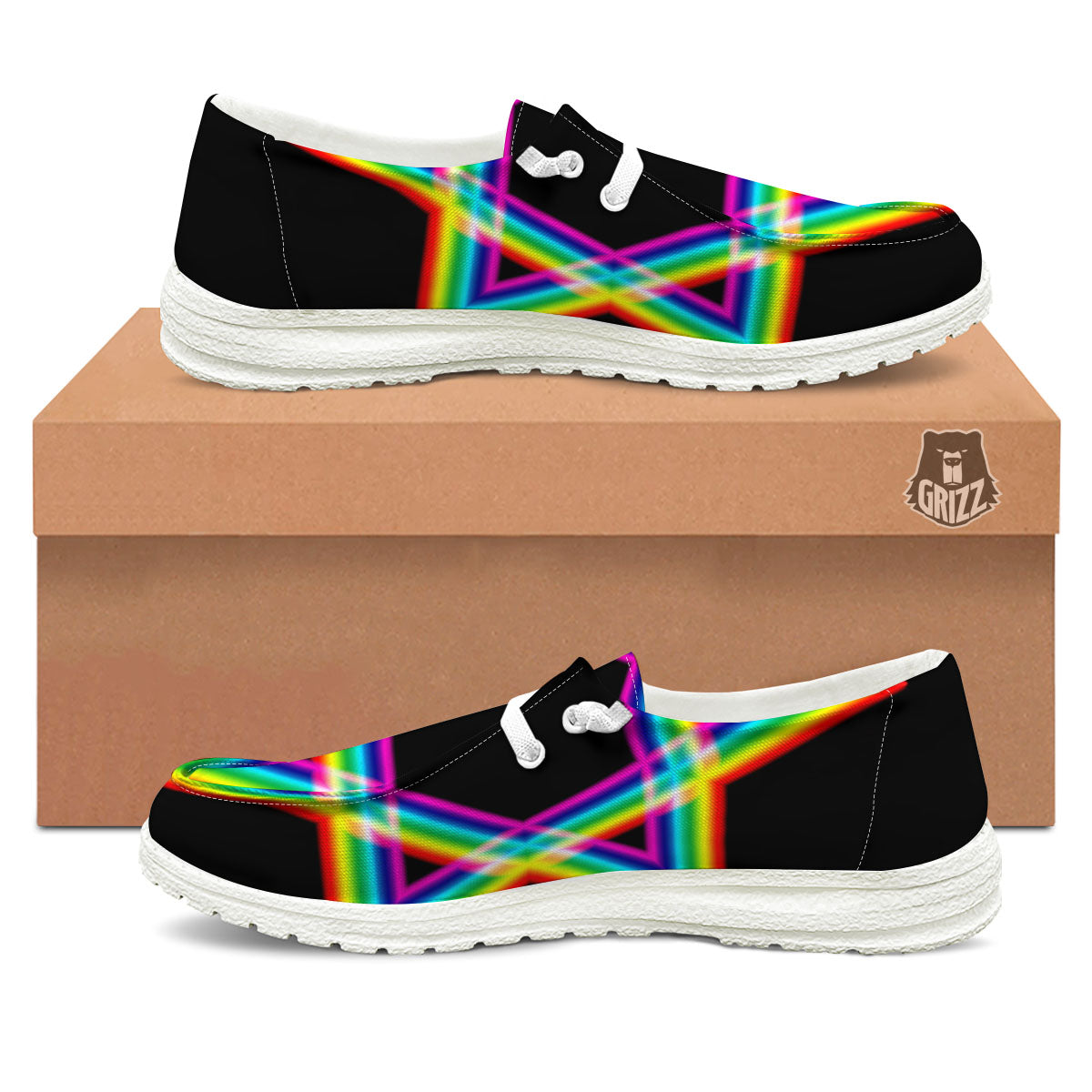 Star Of David Rainbow Print Black Loafers-grizzshop
