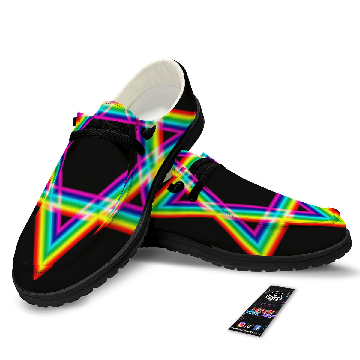 Star Of David Rainbow Print Black Loafers-grizzshop