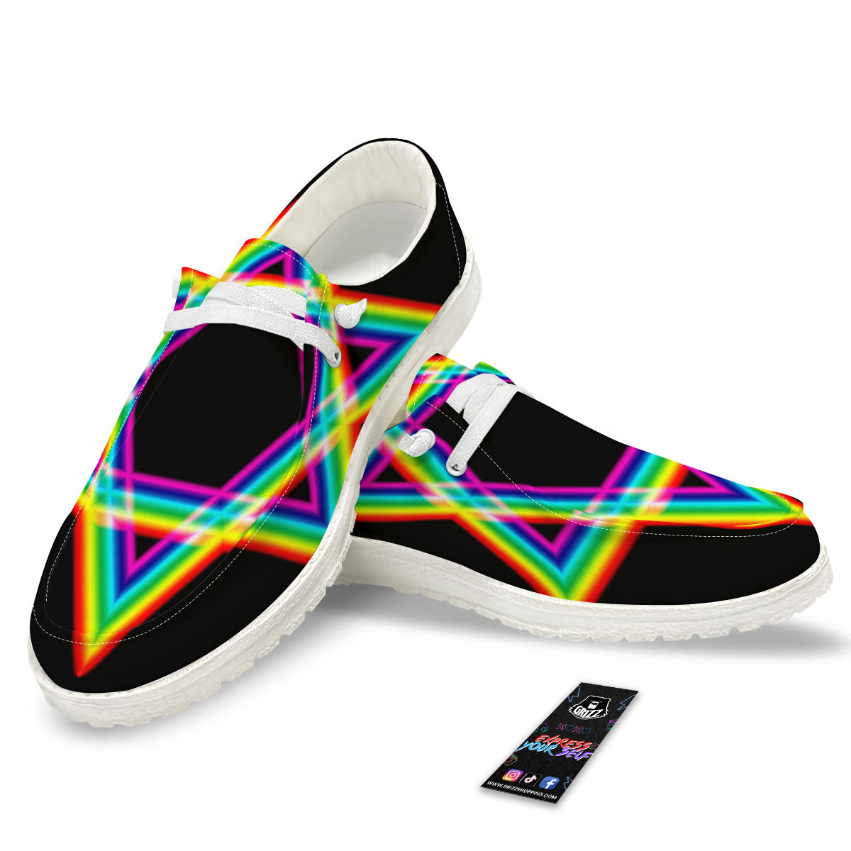 Star Of David Rainbow Print Black Loafers-grizzshop