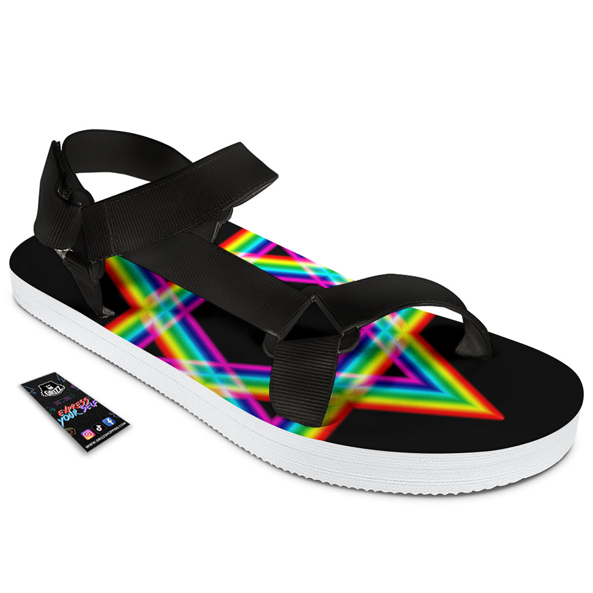 Star Of David Rainbow Print Black Open Toe Sandals-grizzshop