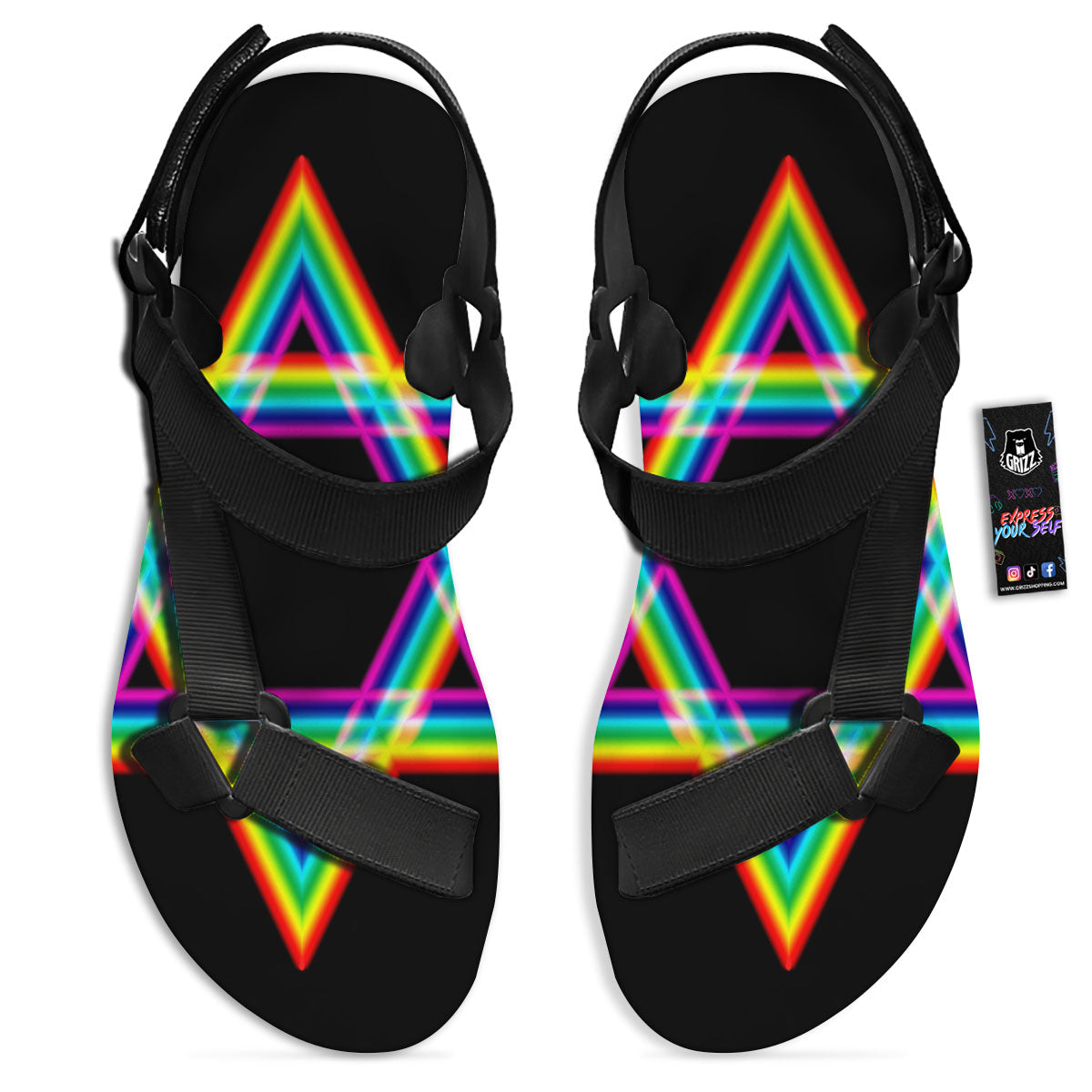 Star Of David Rainbow Print Black Open Toe Sandals-grizzshop