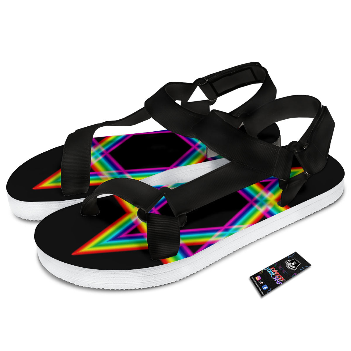 Star Of David Rainbow Print Black Open Toe Sandals-grizzshop