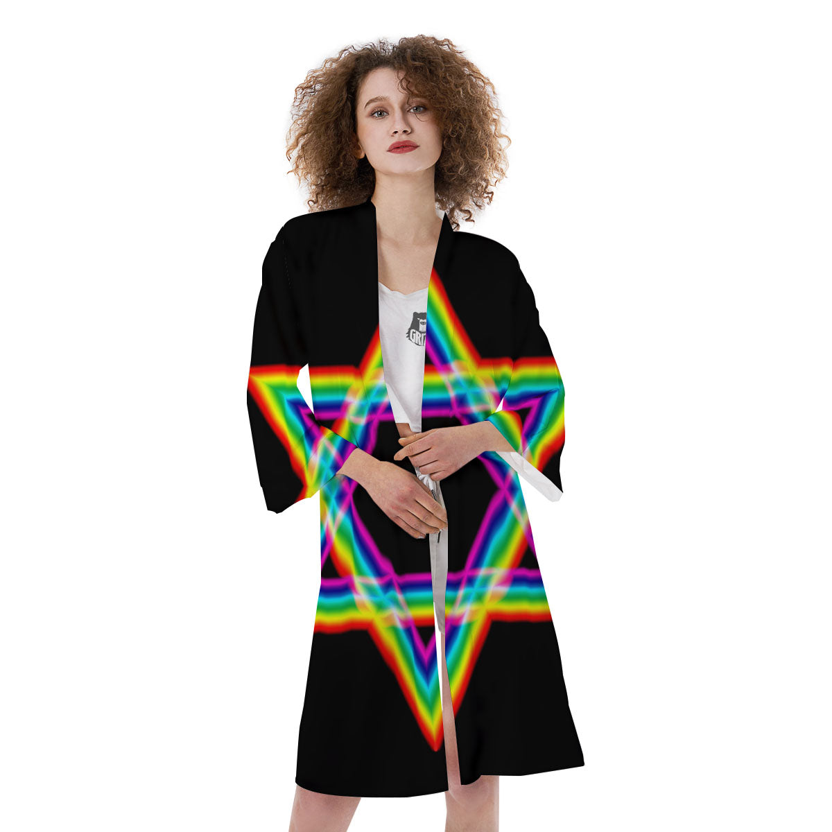 Star Of David Rainbow Print Kimono-grizzshop
