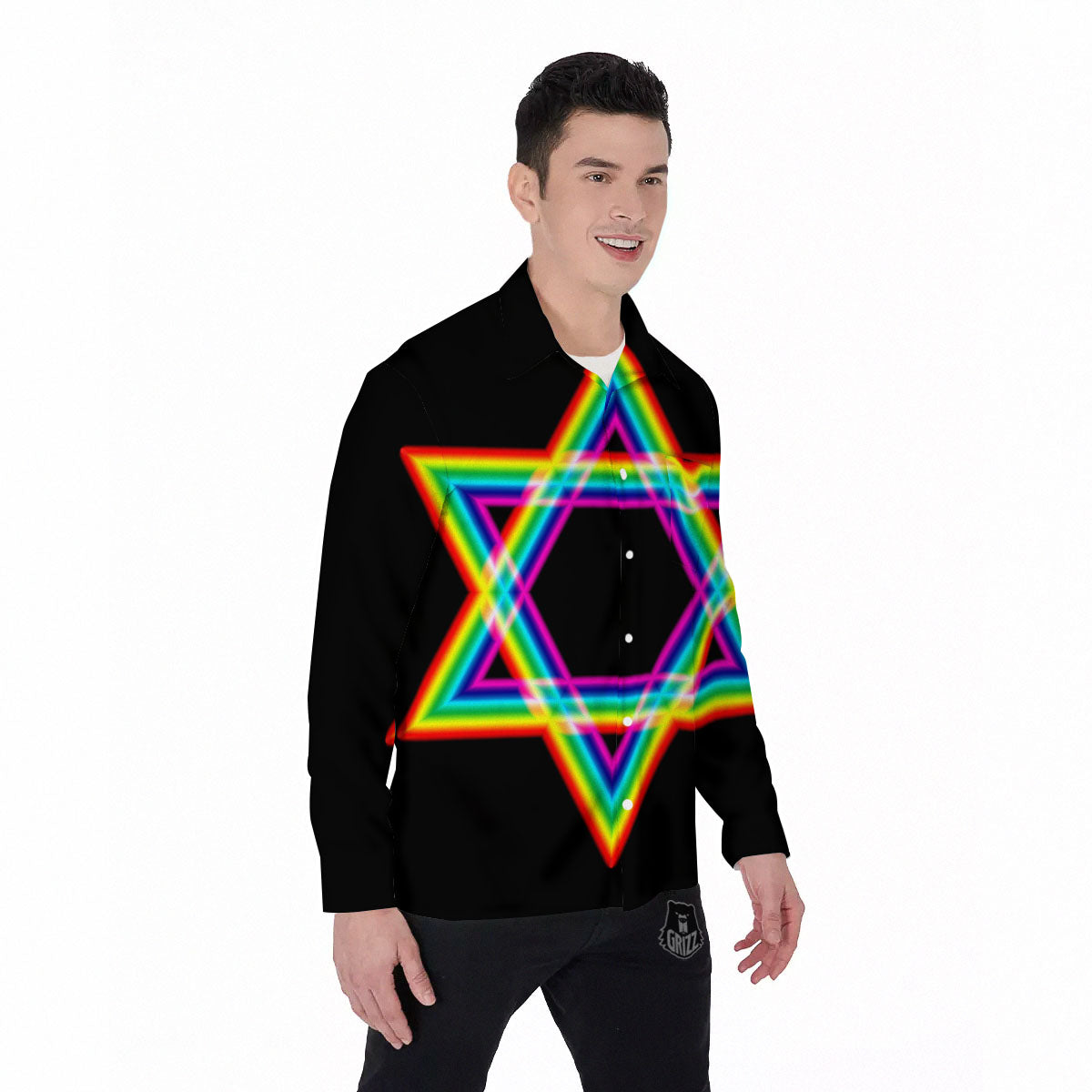 Star Of David Rainbow Print Men's Long Sleeve Shirts-grizzshop