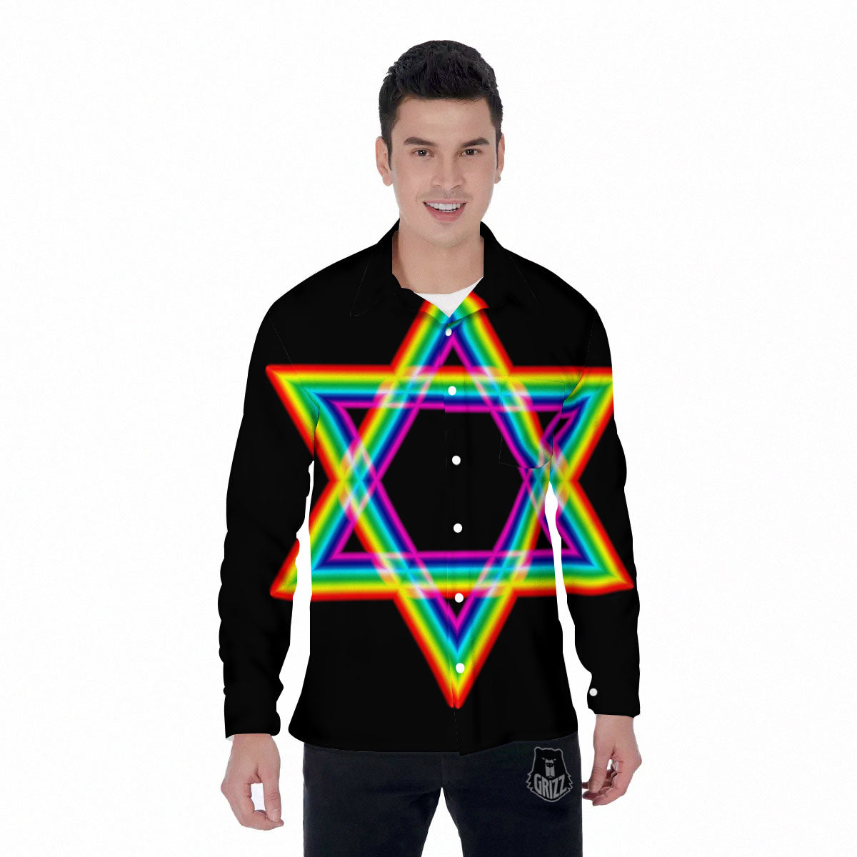 Star Of David Rainbow Print Men's Long Sleeve Shirts-grizzshop