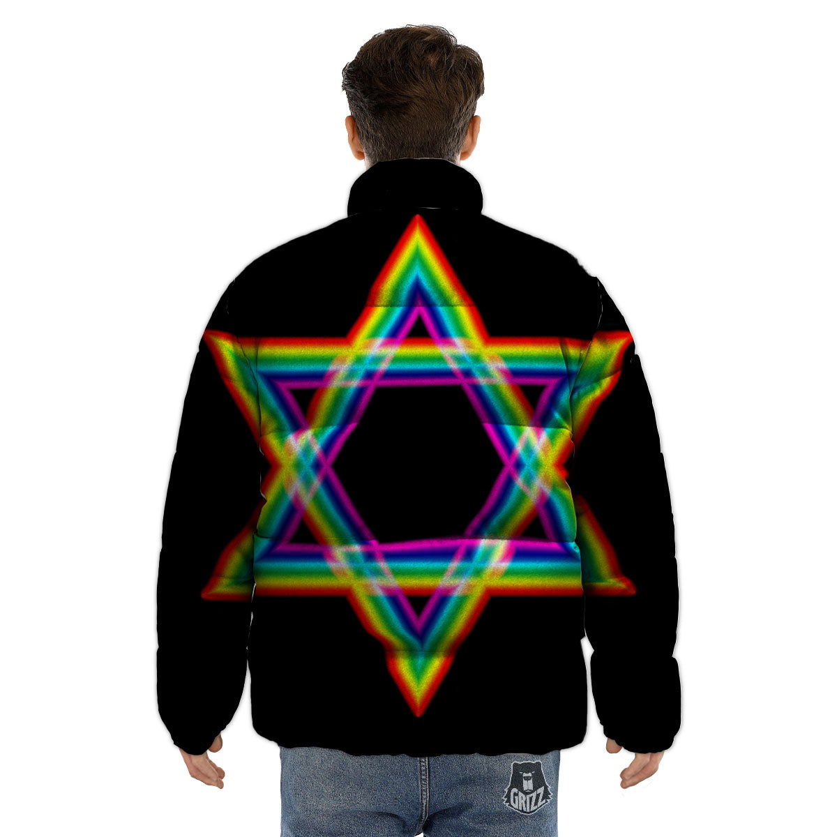 Star Of David Rainbow Print Puffer Jacket-grizzshop