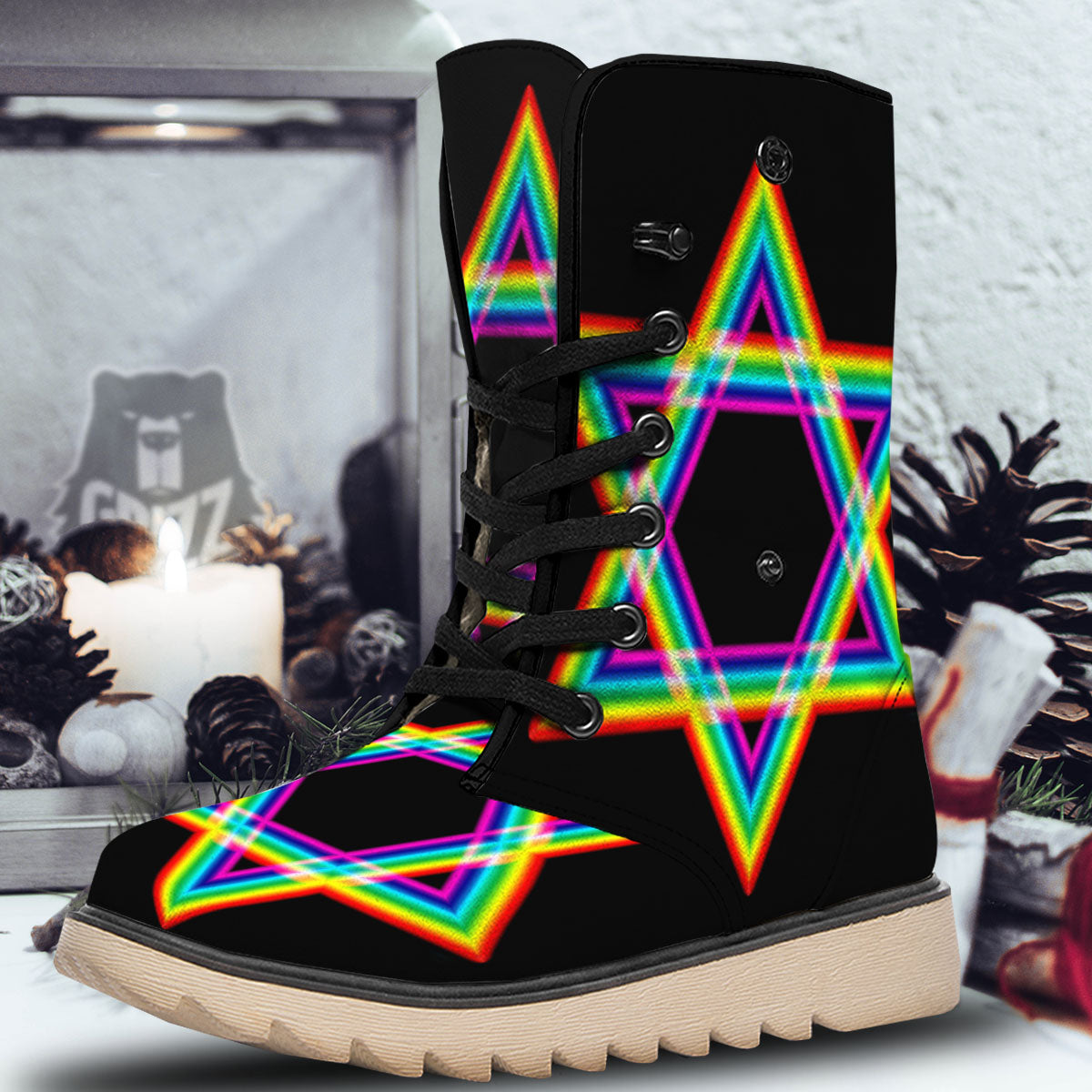 Star Of David Rainbow Print Snow Boots-grizzshop