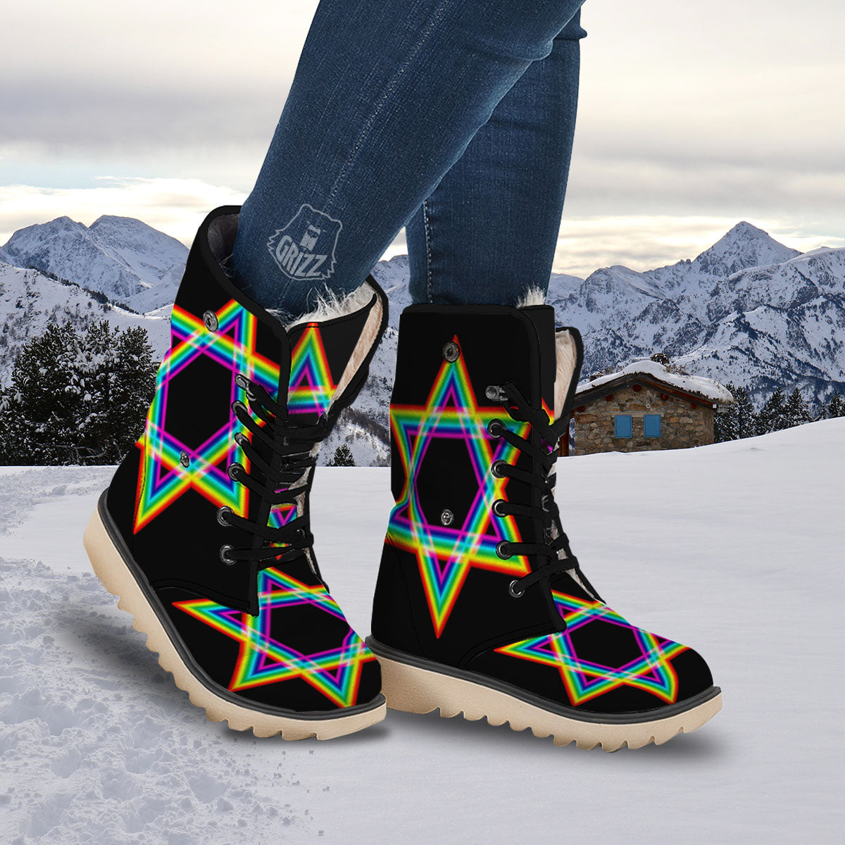 Star Of David Rainbow Print Snow Boots-grizzshop