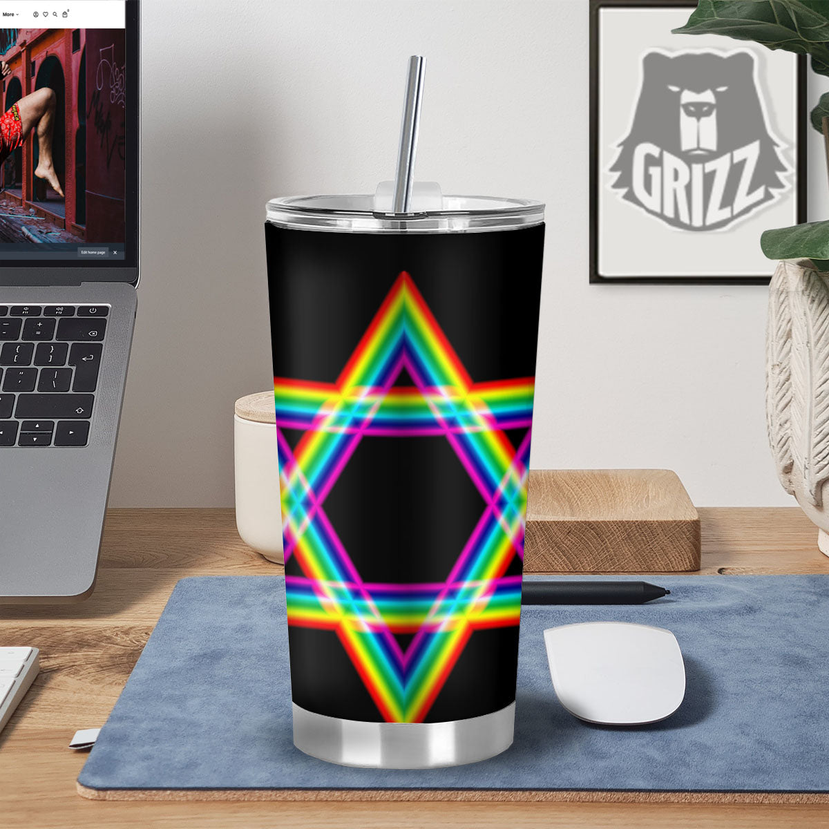 Star Of David Rainbow Print Tumbler-grizzshop