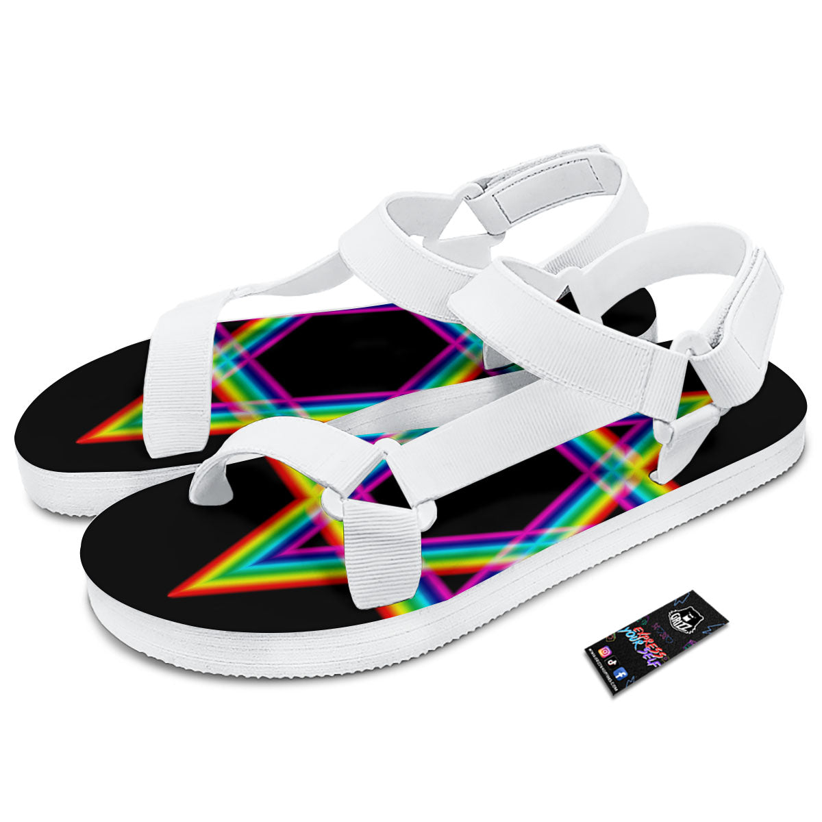 Star Of David Rainbow Print White Open Toe Sandals-grizzshop