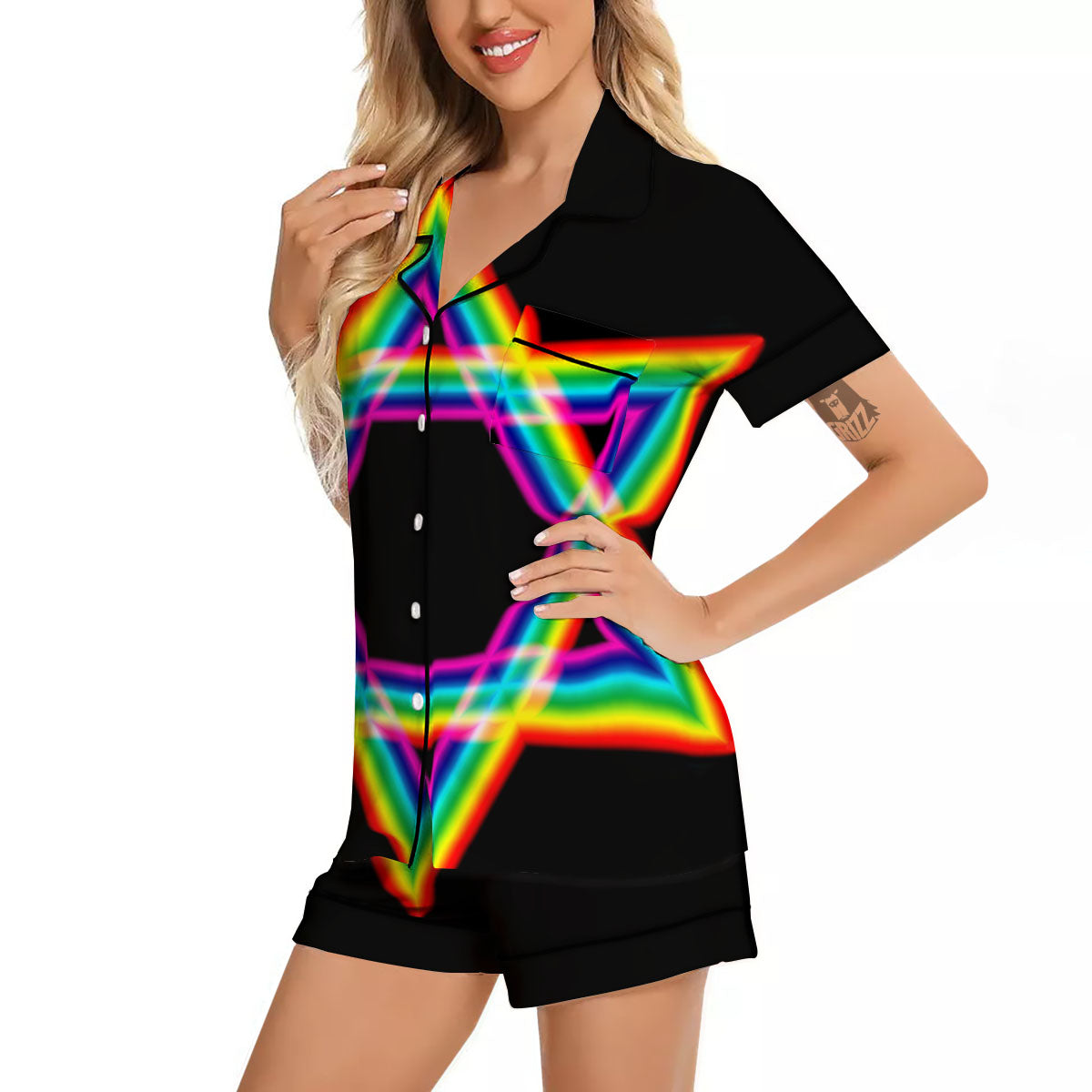 Star Of David Rainbow Print Women Silk Pajamas-grizzshop