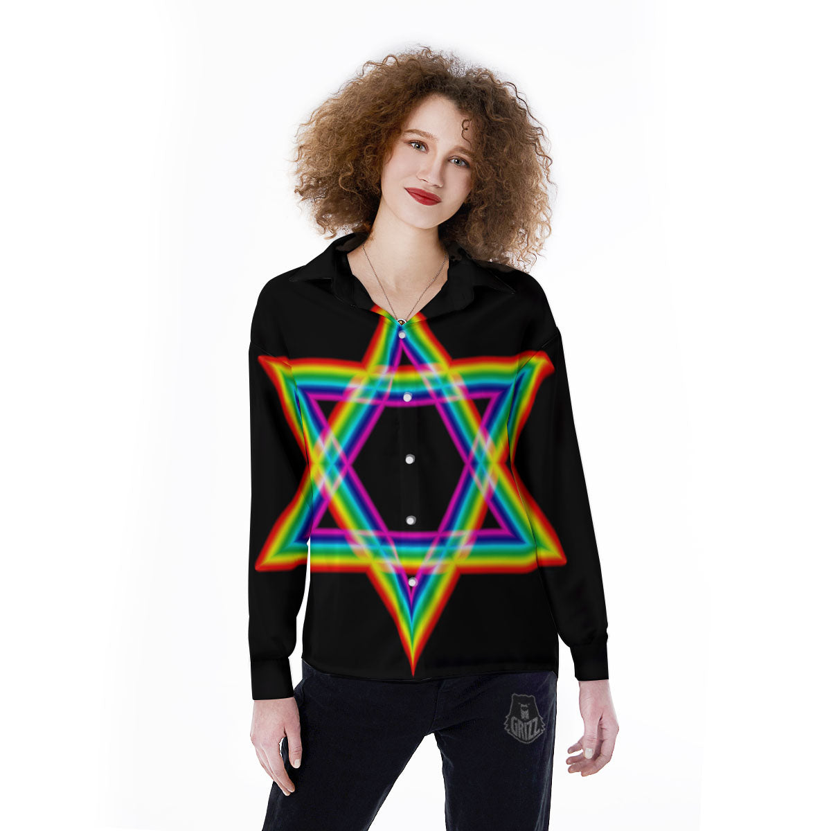 Star Of David Rainbow Print Women's Long Sleeve Shirts-grizzshop