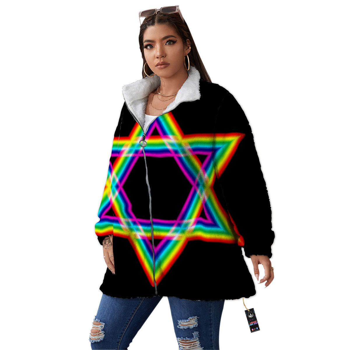 Star Of David Rainbow Print Women's Sherpa Jacket-grizzshop