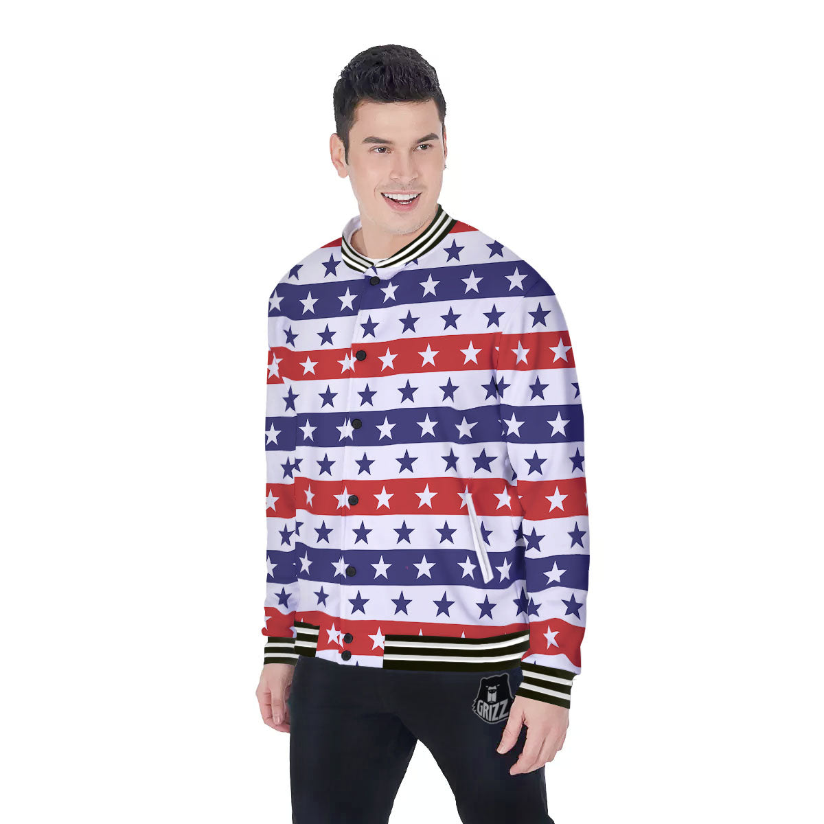 Star USA Patriotic Print Pattern Baseball Jacket-grizzshop