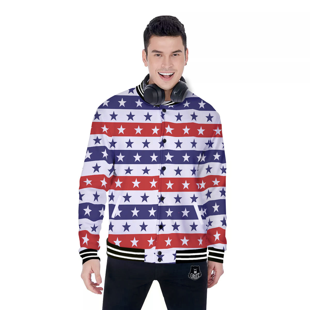 Star USA Patriotic Print Pattern Baseball Jacket-grizzshop